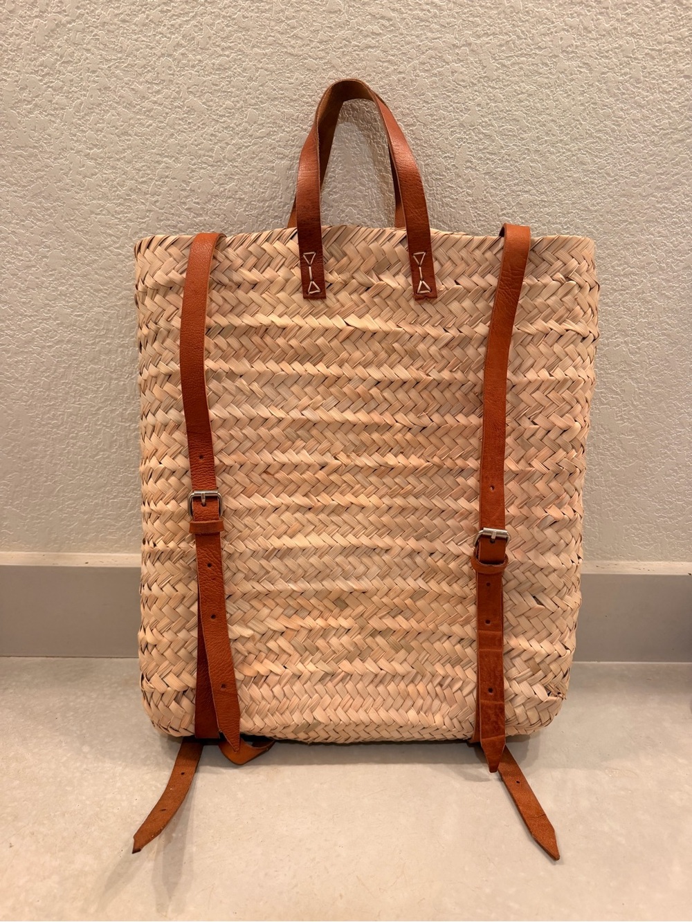 Woven Straw Backpack with Tan Leather Straps
